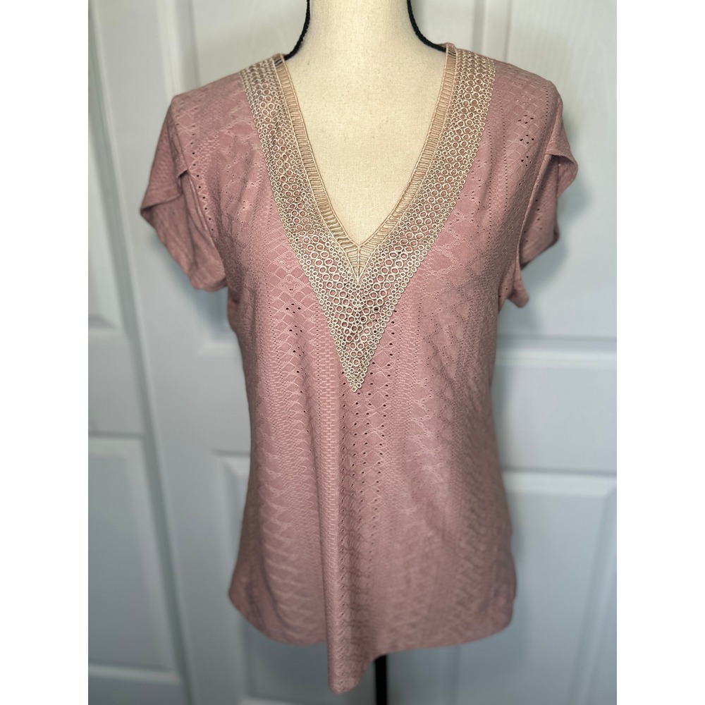 Pink Eyelet V-Neck Beige Crochet‎ Trim Top Small Flutter Sleeve Boho